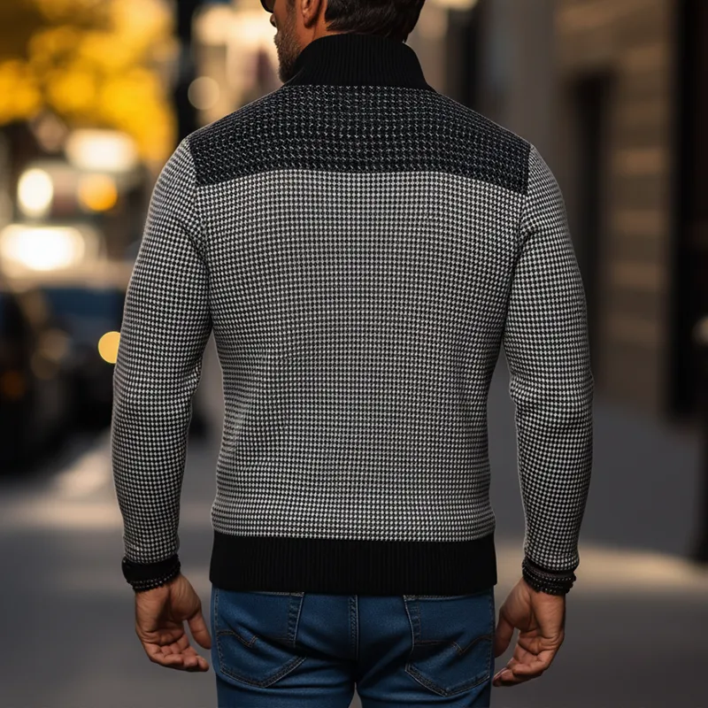 Men's Winter Retro Houndstooth Cotton Blend Patchwork Half-Zip Warm Sweatshirt MTA3037J7P sold by Manly product image thumbnail 3