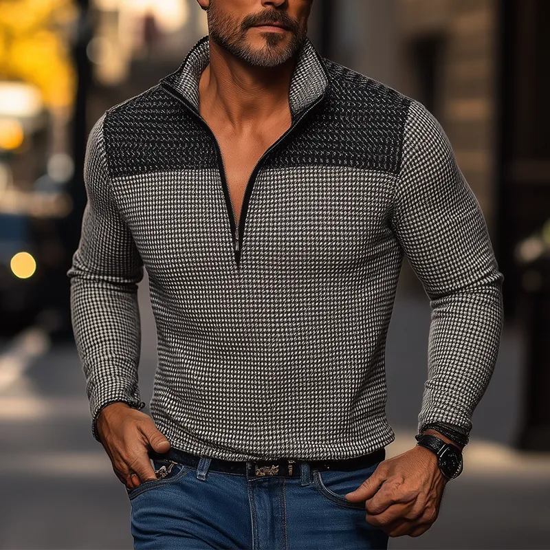 Men's Winter Retro Houndstooth Cotton Blend Patchwork Half-Zip Warm Sweatshirt MTA3037J7P sold by Manly product image thumbnail 2