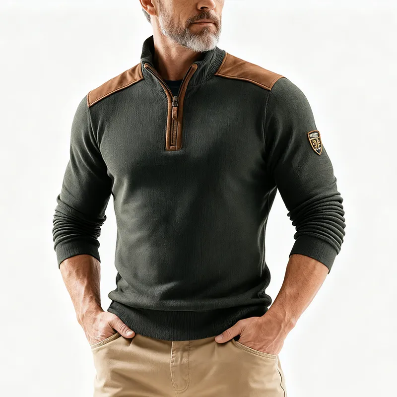 Men's Winter Retro Knitted Faux Suede Patch Half-zip Sweater MTA2710J7P sold by Manly product image thumbnail 2
