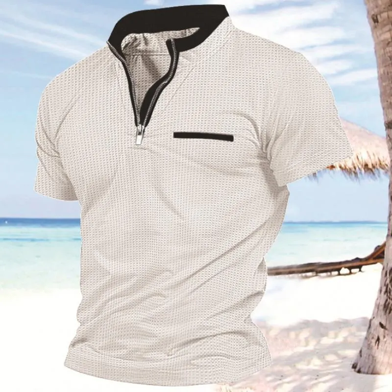 Men's Solid Color Waffle Zip Pocket Short Sleeve Polo Shirt 87728425Y sold by Manly product image thumbnail 2