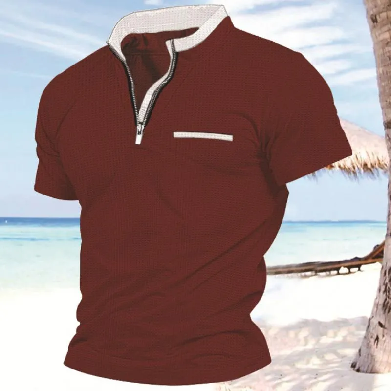 Men's Solid Color Waffle Zip Pocket Short Sleeve Polo Shirt 87728425Y sold by Manly product image thumbnail 5