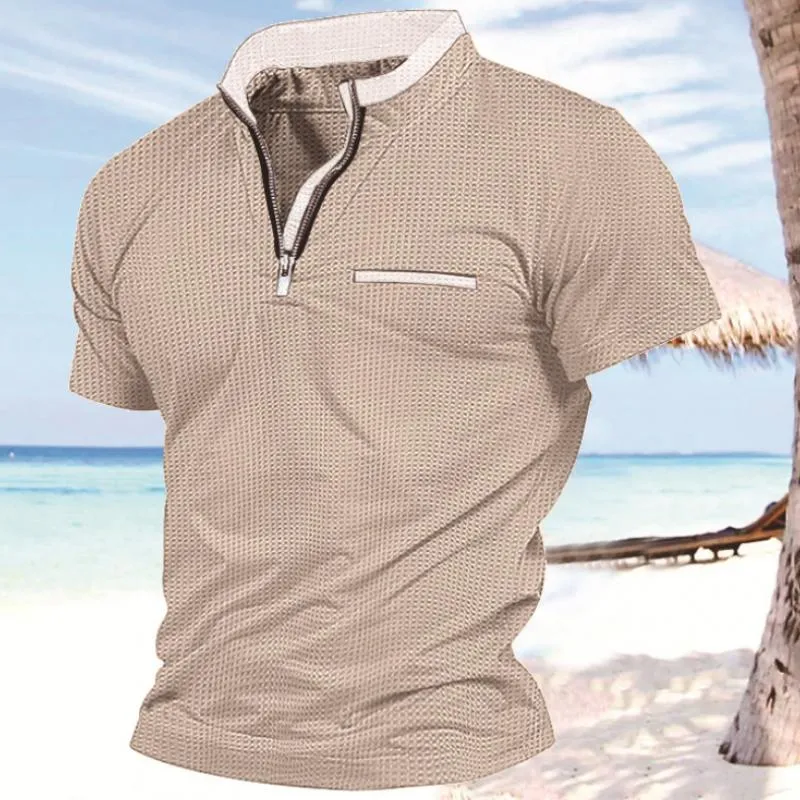 Men's Solid Color Waffle Zip Pocket Short Sleeve Polo Shirt 87728425Y sold by Manly product image thumbnail 4
