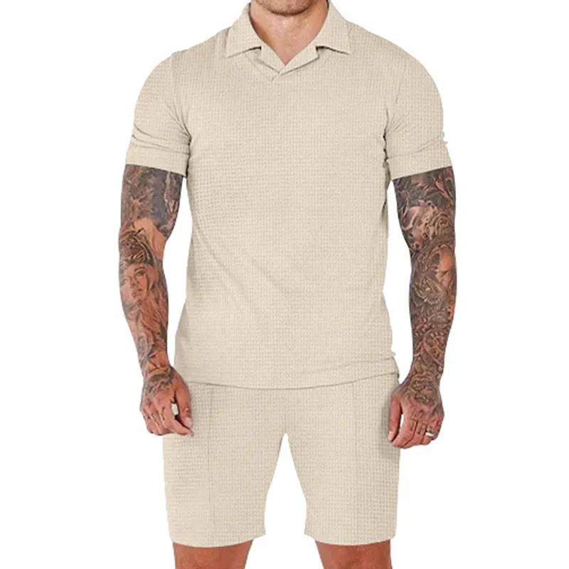Men's Solid Waffle Lapel Short Sleeve Polo Shirt Shorts Sports Casual Set 89786181Z sold by Manly product image thumbnail 2