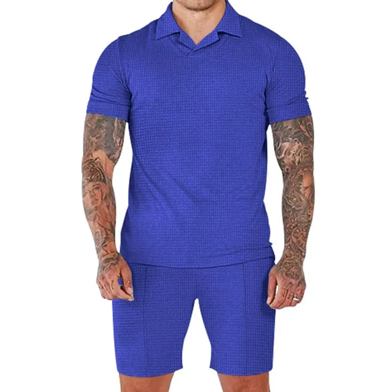 Men's Solid Waffle Lapel Short Sleeve Polo Shirt Shorts Sports Casual Set 89786181Z sold by Manly