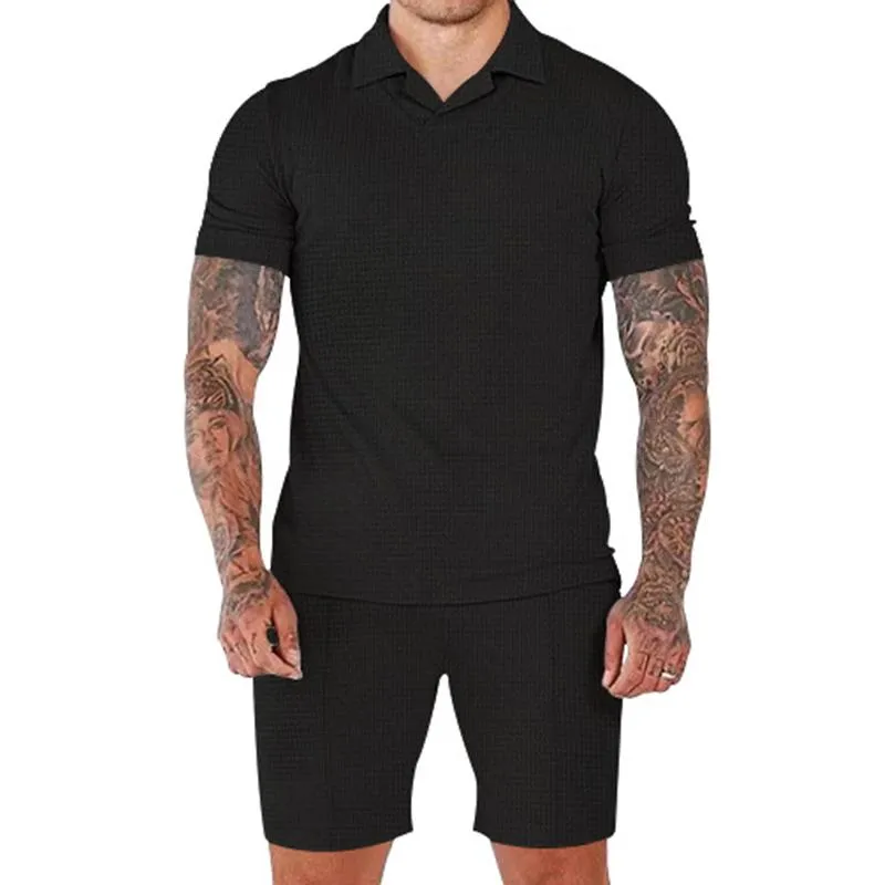Men's Solid Waffle Lapel Short Sleeve Polo Shirt Shorts Sports Casual Set 89786181Z sold by Manly product image thumbnail 4