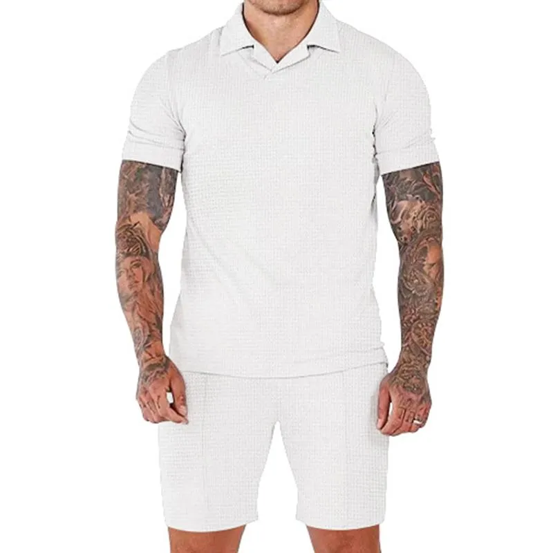 Men's Solid Waffle Lapel Short Sleeve Polo Shirt Shorts Sports Casual Set 89786181Z sold by Manly product image thumbnail 5