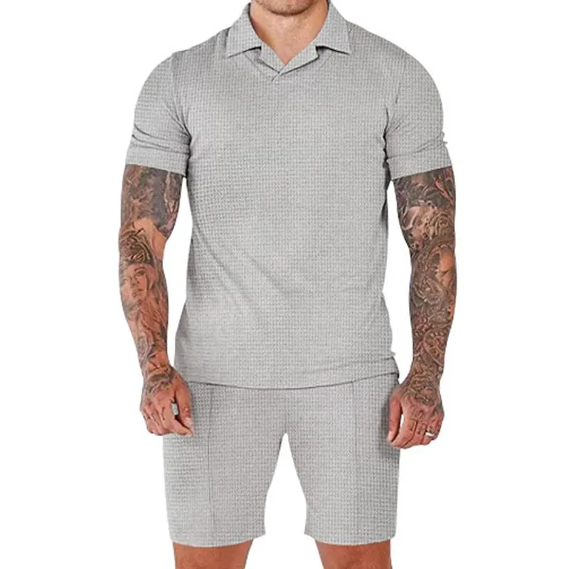 Men's Solid Waffle Lapel Short Sleeve Polo Shirt Shorts Sports Casual Set 89786181Z sold by Manly product image thumbnail 3