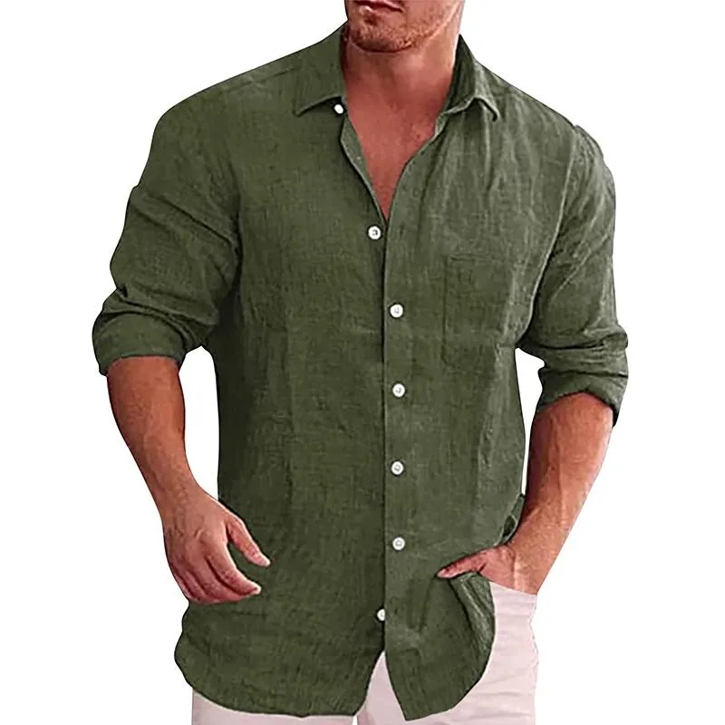 Men's Solid Lapel Pocket Single Breasted Long Sleeve Linen Casual Shirt 16898700Z sold by Manly