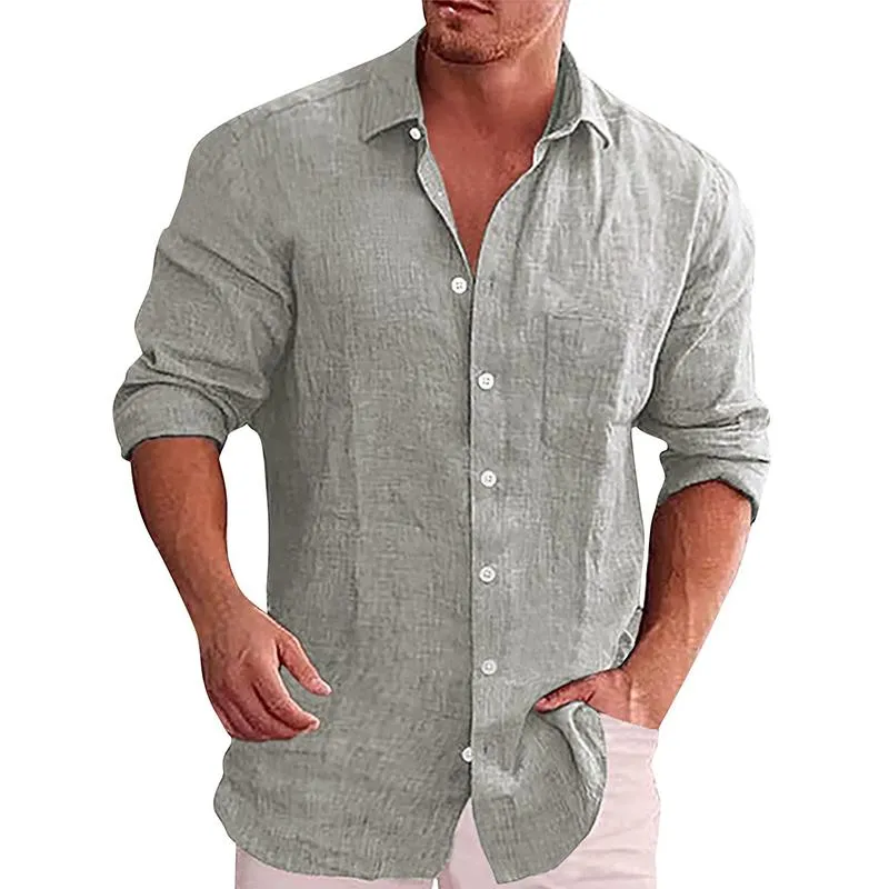 Men's Solid Lapel Pocket Single Breasted Long Sleeve Linen Casual Shirt 16898700Z sold by Manly product image thumbnail 2