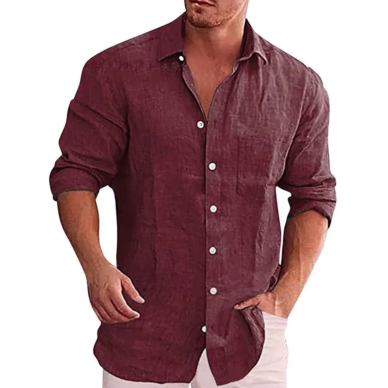 Men's Solid Lapel Pocket Single Breasted Long Sleeve Linen Casual Shirt 16898700Z sold by Manly product image thumbnail 5
