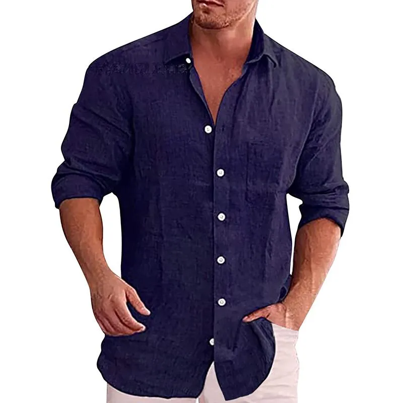 Men's Solid Lapel Pocket Single Breasted Long Sleeve Linen Casual Shirt 16898700Z sold by Manly product image thumbnail 4