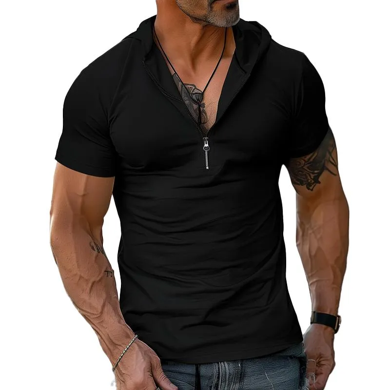 Men's Solid Zip Collar Short Sleeve Casual Hoodie 49097247Z sold by Manly