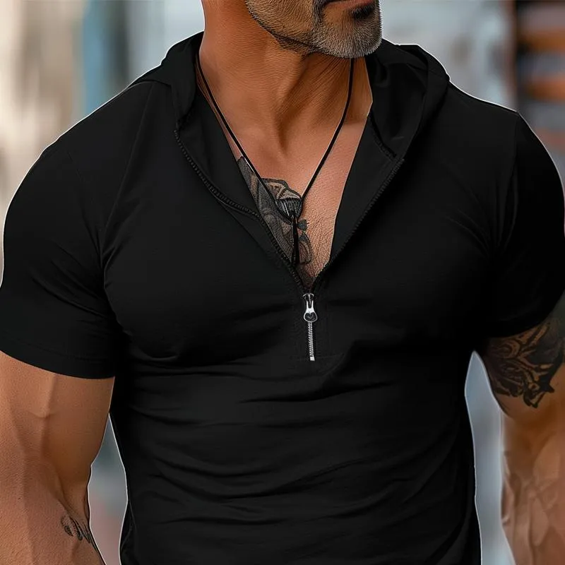 Men's Solid Zip Collar Short Sleeve Casual Hoodie 49097247Z sold by Manly product image thumbnail 3