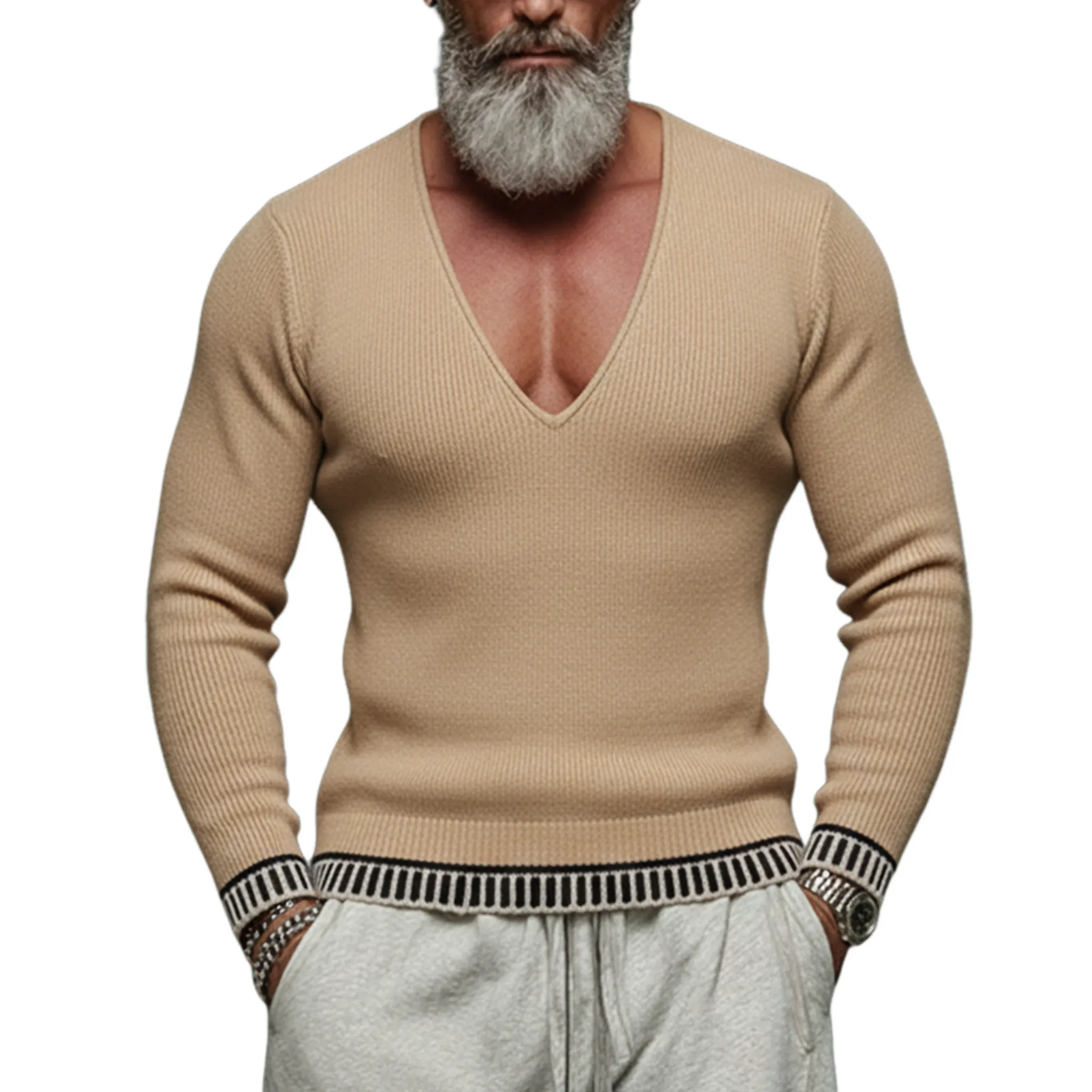 Men's Fashionable And Unique Deep V-neck Slim Fit Sweater MTA2922J7K sold by Manly
