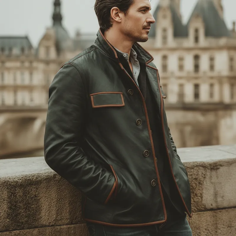 Men's Classic Color-blocked Lapel Button PU Leather Jacket MTA2958J3U sold by Manly product image thumbnail 4