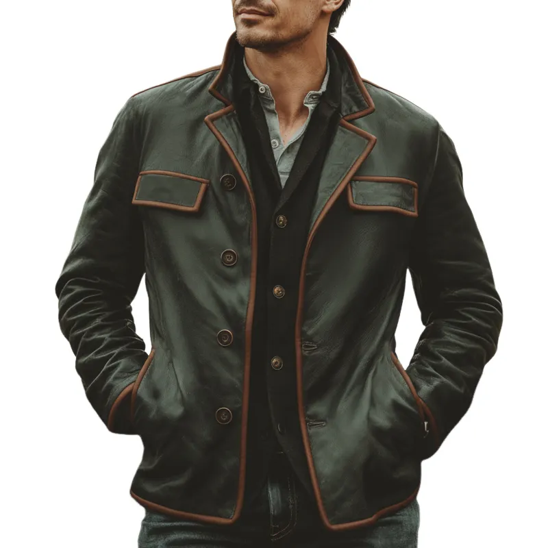 Men's Classic Color-blocked Lapel Button PU Leather Jacket MTA2958J3U sold by Manly