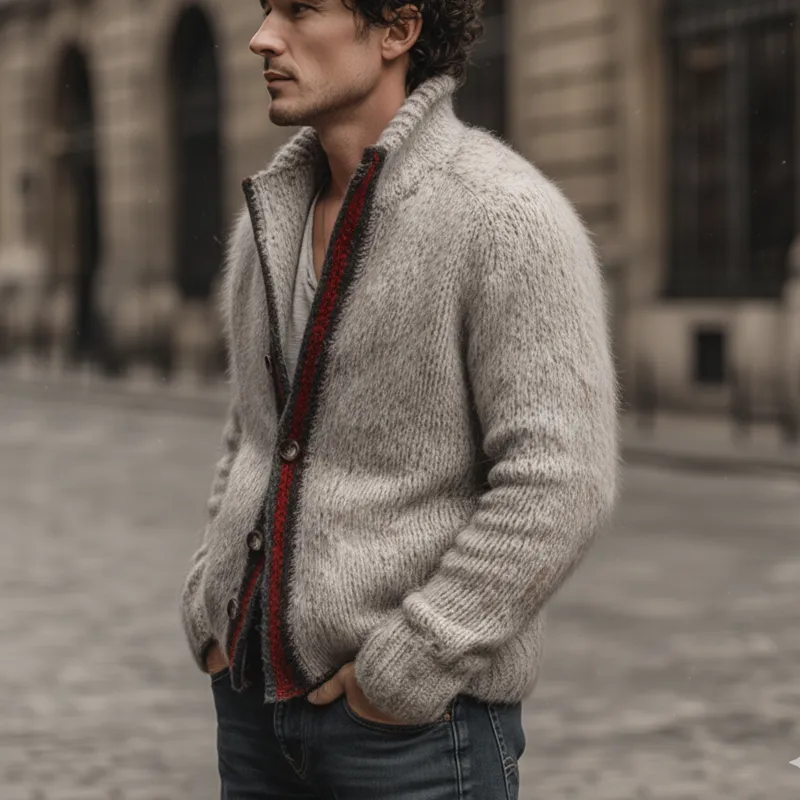 Men's Classic Color-blocked Stand-up Collar Button-down Knit Cardigan MTA2910J8U sold by Manly product image thumbnail 4