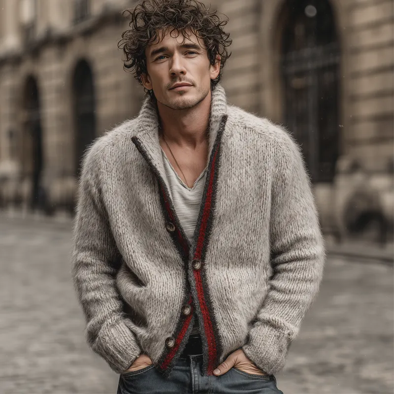 Men's Classic Color-blocked Stand-up Collar Button-down Knit Cardigan MTA2910J8U sold by Manly product image thumbnail 3