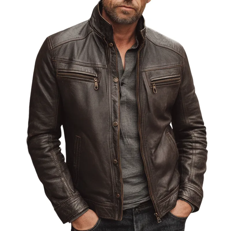 Men's Retro Dark Brown Stand Collar PU Leather Zipper Jacket MTA2954J1U sold by Manly