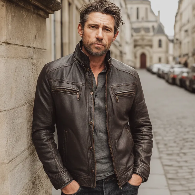 Men's Retro Dark Brown Stand Collar PU Leather Zipper Jacket MTA2954J1U sold by Manly product image thumbnail 4