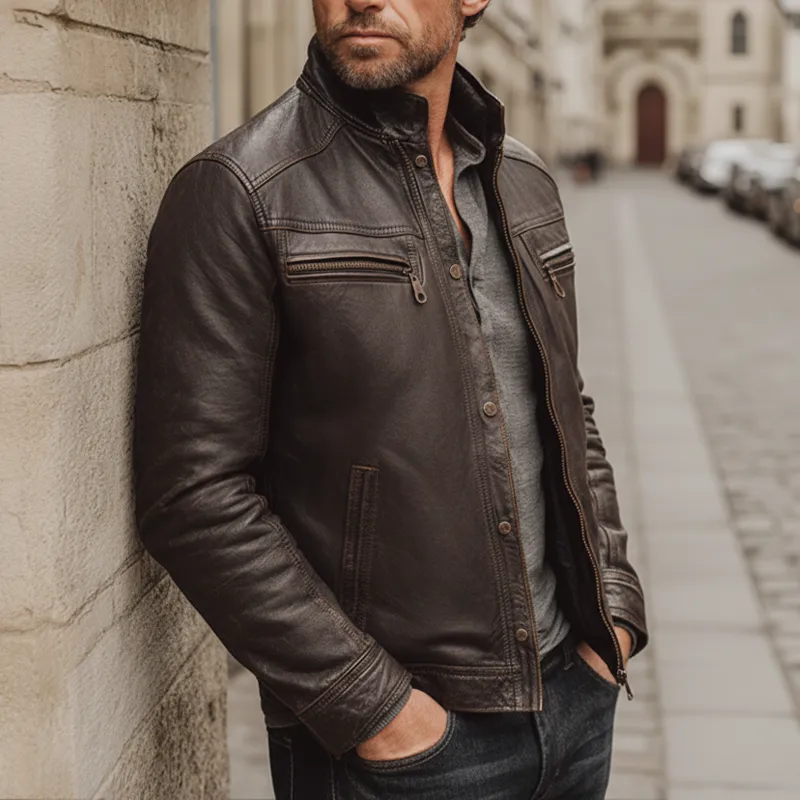 Men's Retro Dark Brown Stand Collar PU Leather Zipper Jacket MTA2954J1U sold by Manly product image thumbnail 3