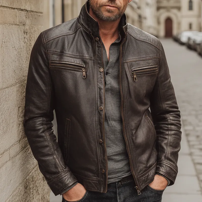 Men's Retro Dark Brown Stand Collar PU Leather Zipper Jacket MTA2954J1U sold by Manly product image thumbnail 2