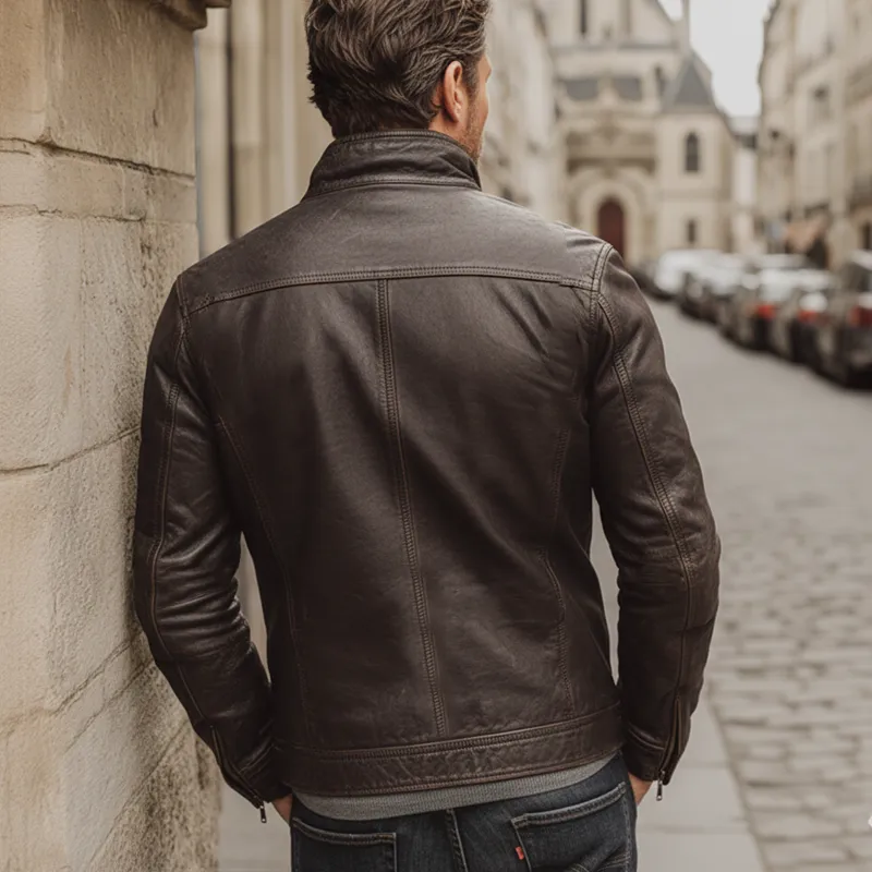 Men's Retro Dark Brown Stand Collar PU Leather Zipper Jacket MTA2954J1U sold by Manly product image thumbnail 5