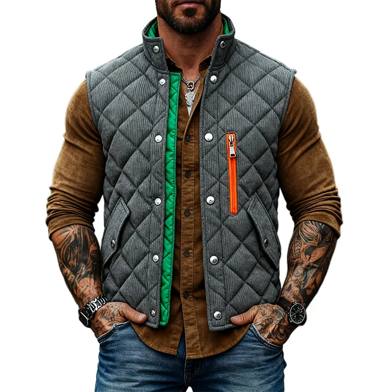 Men's Corduroy Quilted Color-Blocked Stand Collar Zipper Vest MTA2940J7X sold by Manly