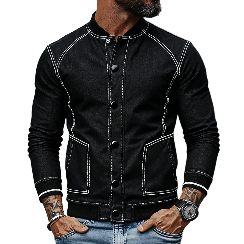 Men's Casual Color-blocked Washed Baseball Collar Button Jacket MTA2919J8X sold by Manly