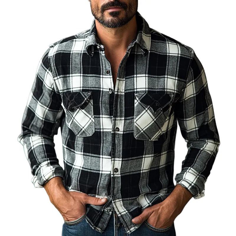 Men's Flannel Plaid Lapel Button-down Long-sleeved Shirt MTA2953J0X sold by Manly