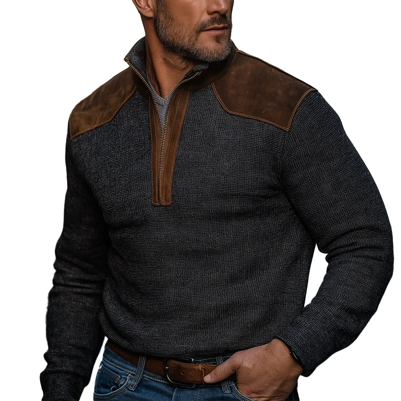 Men's Retro Checkered Faux Suede Patchwork Half-Zip High-Sleeve Sweatshirt MTA2994J2P sold by Manly