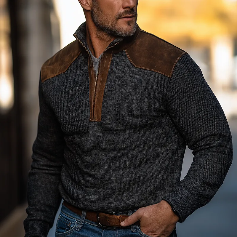 Men's Retro Checkered Faux Suede Patchwork Half-Zip High-Sleeve Sweatshirt MTA2994J2P sold by Manly product image thumbnail 2