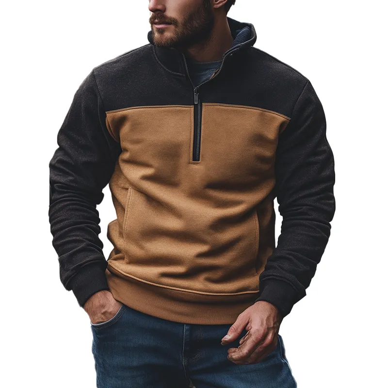 Men's Retro Cotton Blend Color Block Patchwork Half-Zip High Neck Sweatshirt MTA2901J4P sold by Manly