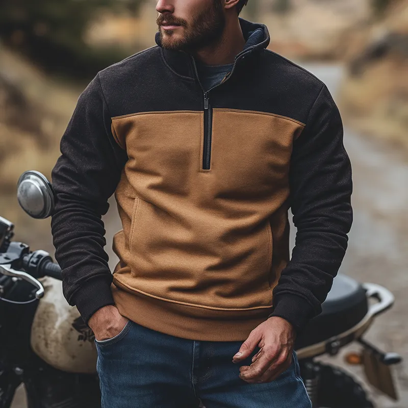 Men's Retro Cotton Blend Color Block Patchwork Half-Zip High Neck Sweatshirt MTA2901J4P sold by Manly product image thumbnail 2