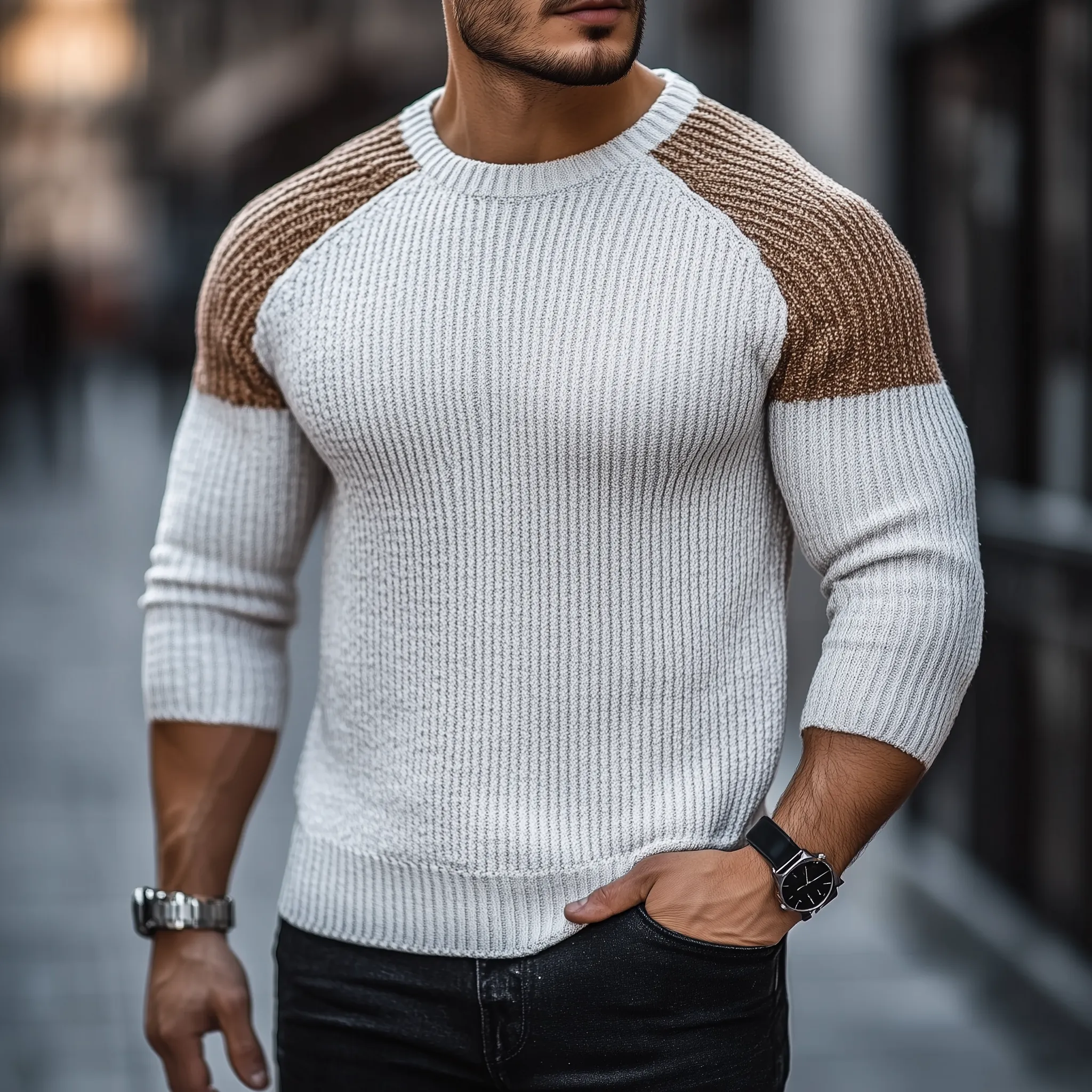 Men's Simple Color Block Cotton Yarn Knit Crew Neck Slim Fit Sweater MTA2964J7P sold by Manly product image thumbnail 2