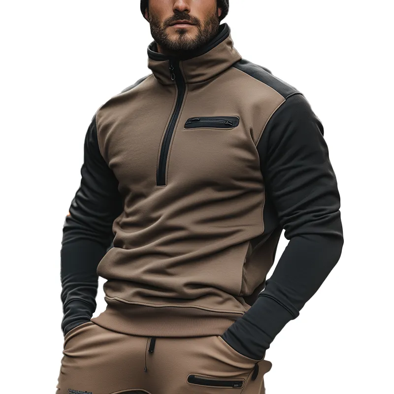 Men's Retro Cotton Blend Color Block Patchwork Half-Zip High Neck Sweatshirt MTA2965J1P sold by Manly
