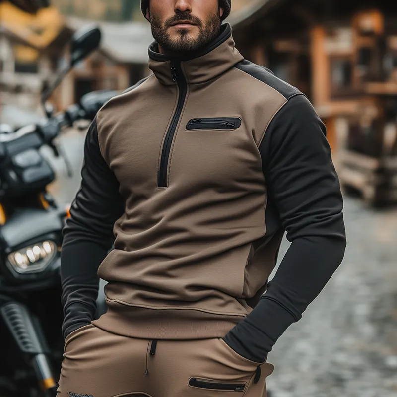 Men's Retro Cotton Blend Color Block Patchwork Half-Zip High Neck Sweatshirt MTA2965J1P sold by Manly product image thumbnail 2