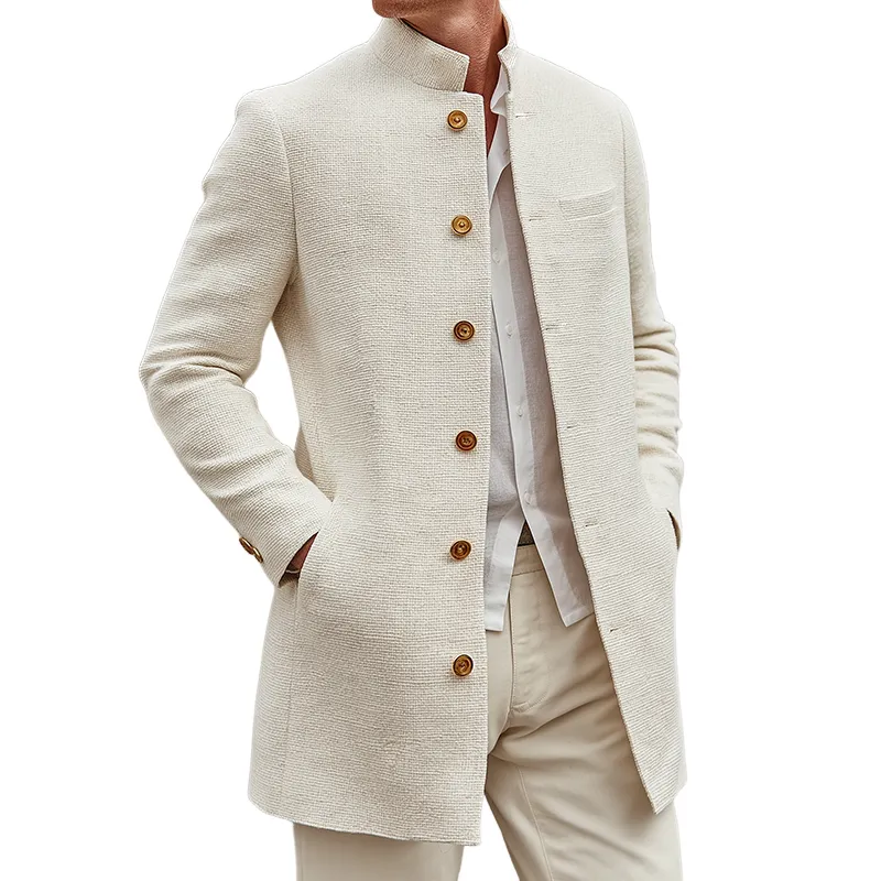 Men's Retro Casual Solid Color Tweed Stand Collar Mid-Length Coat MTA2818J9TO sold by Manly