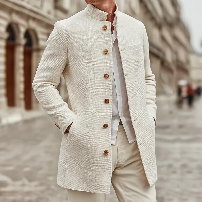 Men's Retro Casual Solid Color Tweed Stand Collar Mid-Length Coat MTA2818J9TO sold by Manly product image thumbnail 2