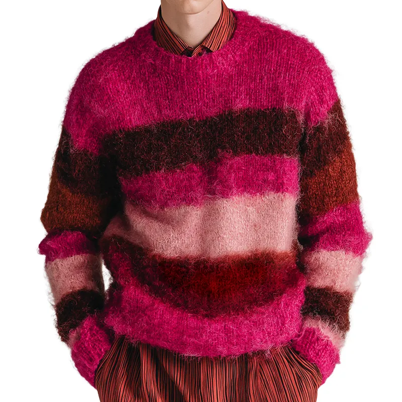 Men's Retro Casual Crew Neck Striped Mohair Knit Pullover Sweater MTA2807J1TO sold by Manly