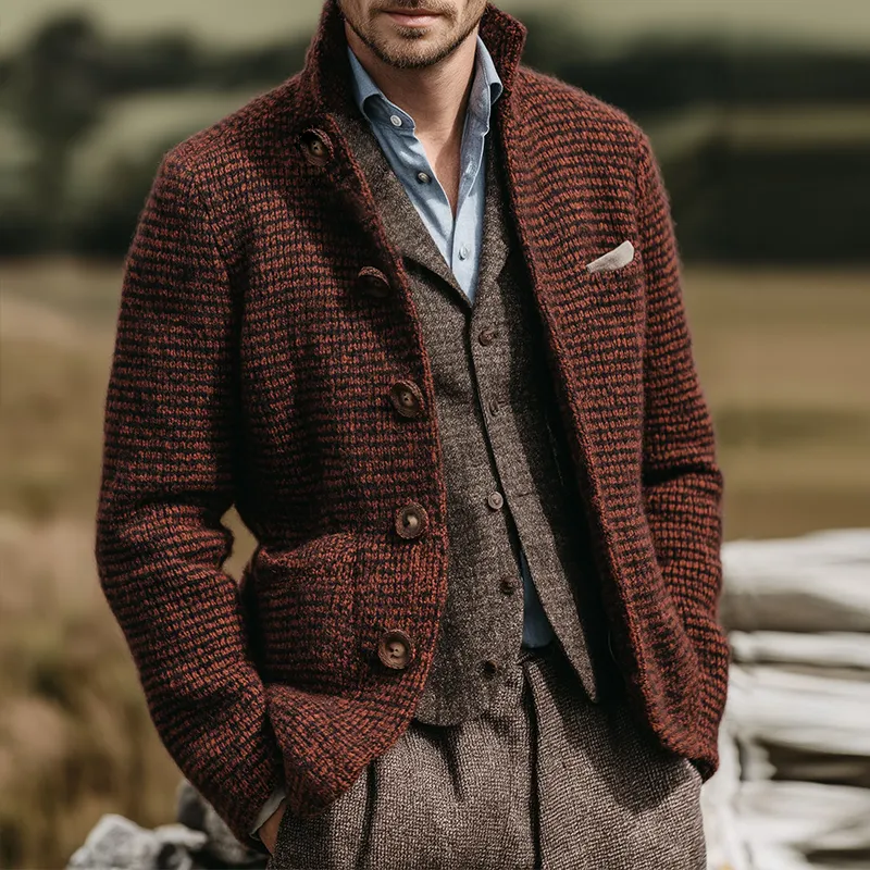 Men's Retro Casual Stand Collar Plaid Knit Button-Down Cardigan Jacket MTA2834J9TO sold by Manly product image thumbnail 2