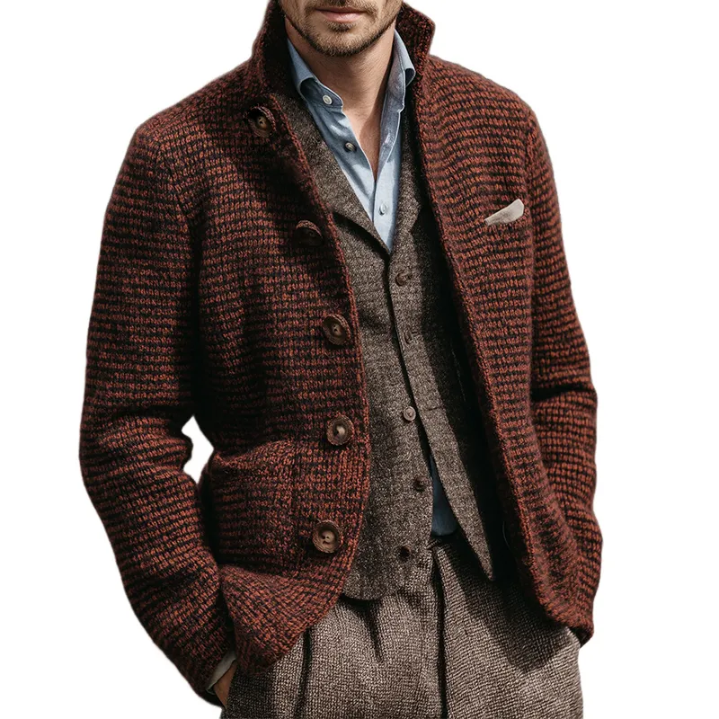 Men's Retro Casual Stand Collar Plaid Knit Button-Down Cardigan Jacket MTA2834J9TO sold by Manly