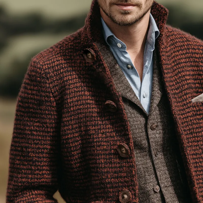 Men's Retro Casual Stand Collar Plaid Knit Button-Down Cardigan Jacket MTA2834J9TO sold by Manly product image thumbnail 3