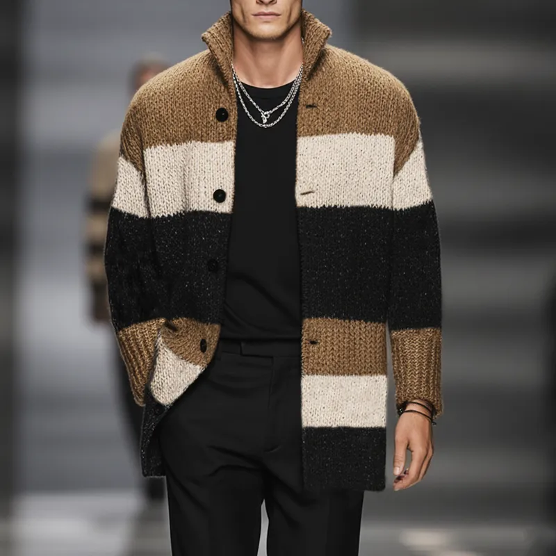 Men's Classic Colorblock Stand Collar Mid-length Knitted Cardigan MTA2753J3U sold by Manly product image thumbnail 2