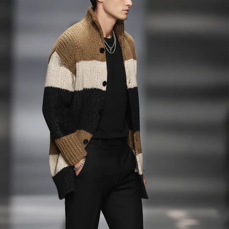 Men's Classic Colorblock Stand Collar Mid-length Knitted Cardigan MTA2753J3U sold by Manly product image thumbnail 3