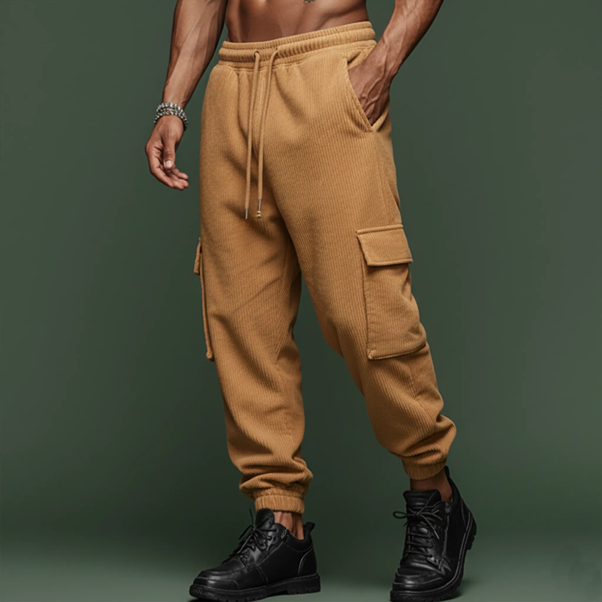 Men's Classic Casual Corduroy Elastic Waist Drawstring Multi-pocket Trousers MTA2835J3K sold by Manly product image thumbnail 4