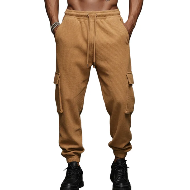 Men's Classic Casual Corduroy Elastic Waist Drawstring Multi-pocket Trousers MTA2835J3K sold by Manly