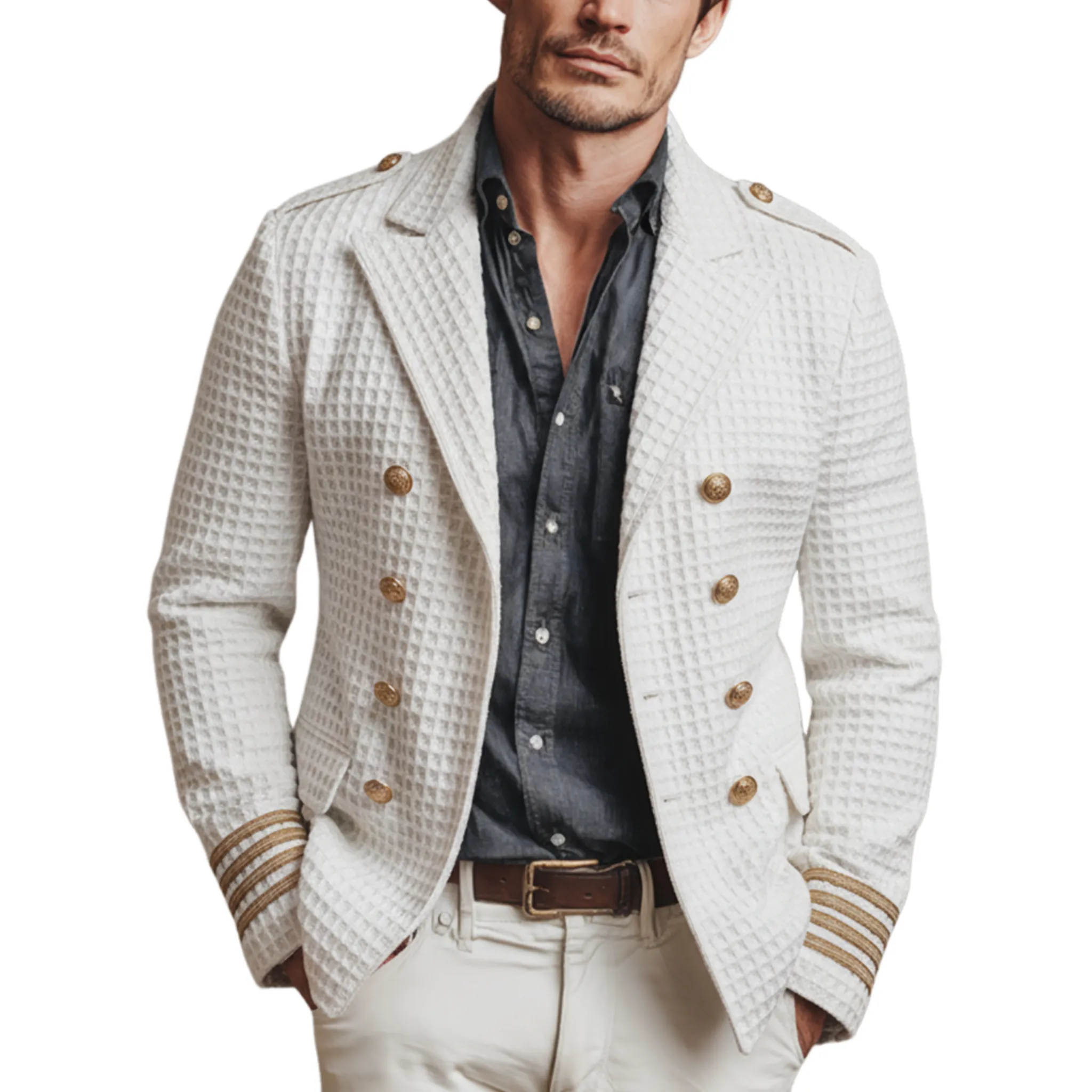 Men's Classic Casual Waffle Epaulette Lapel Double Breasted Jacket MTA2739J5K sold by Manly