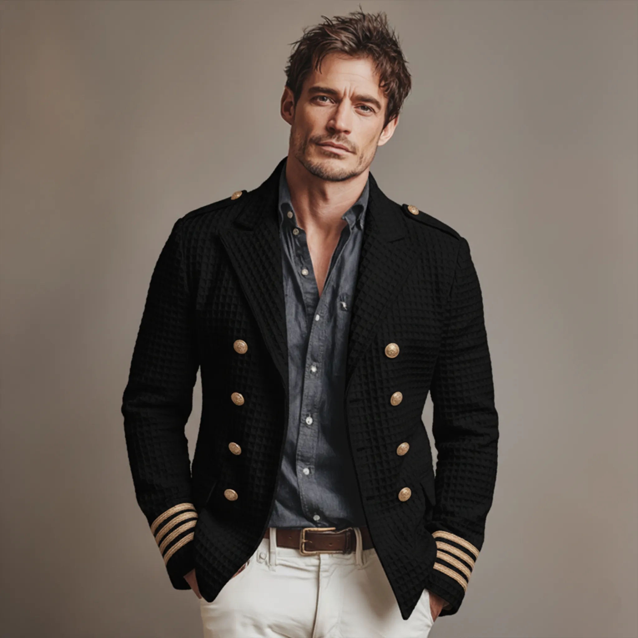 Men's Classic Casual Waffle Epaulette Lapel Double Breasted Jacket MTA2739J5K sold by Manly product image thumbnail 3