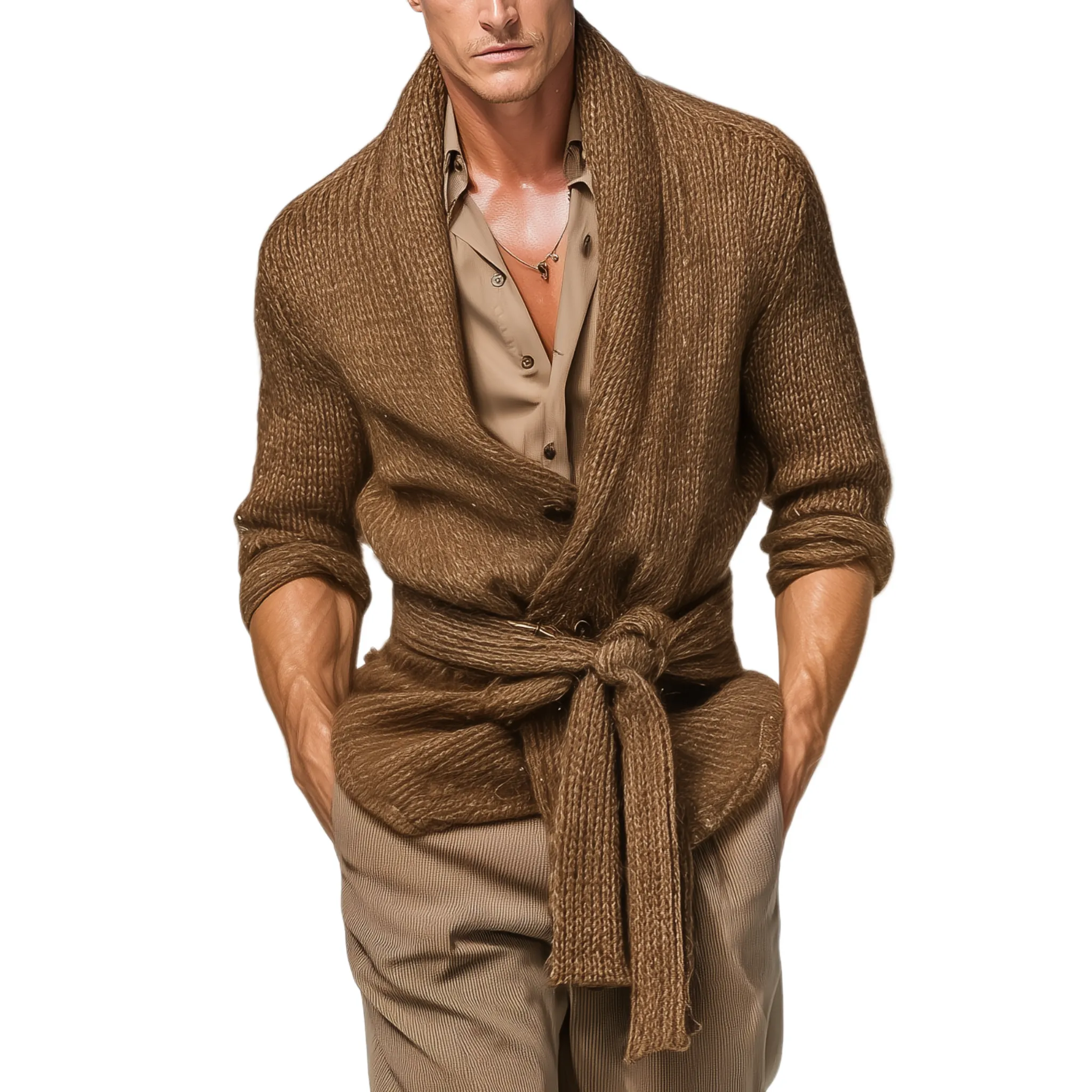 Men's Retro Personalized Lapel Knit Cardigan (Removable Belt) MTA2888J1K sold by Manly